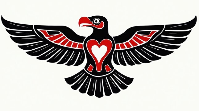 Stylized eagle illustration with a red heart symbol in the center in a traditional native american tribal art style with black and red colors