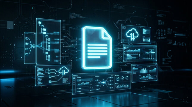 Glowing document icon in futuristic blue digital interface with cloud data charts and network panels, concept of file storage, security, and analytics