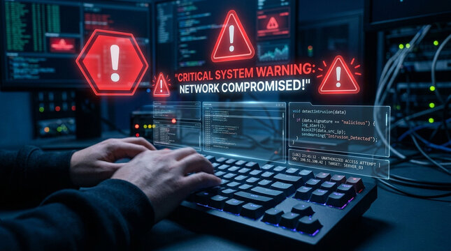 System warning alert cyber attack network breach intrusion risk security threat data server computer hacker keyboard code monitor danger warning sign