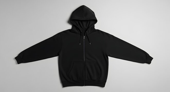 Black zip up hoodie mockup on white background flat lay apparel presentation