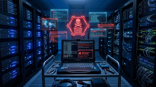 Laptop server room with holographic warning alerts red neon danger icons data center server room with laptop and holographic warning alert cyber security threat with critical system failure dark