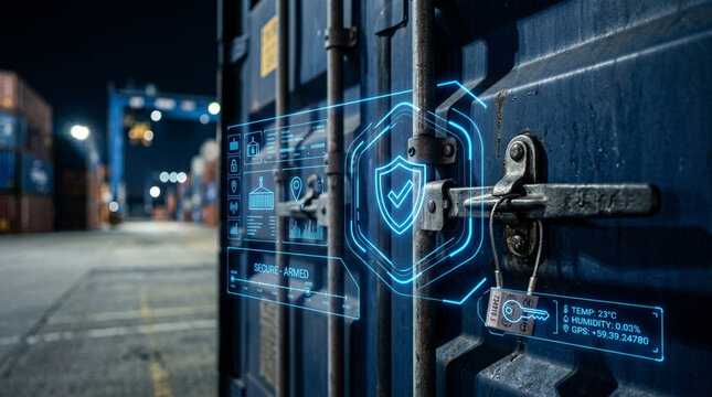 Cargo container lock digital security shield icon shipping yard container door night scene access control industrial safety locked latch blue overlay secure storage container terminal freight