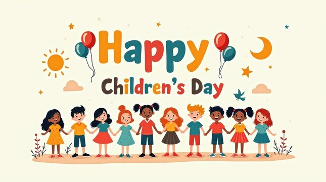 Happy childrens day text with a group of diverse kids holding hands and colorful balloons for a celebration vector illustration