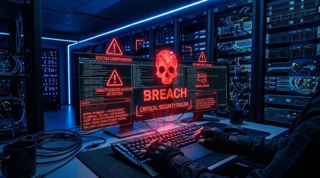 Cybersecurity breach data center server room warning screen hacker attack network security digital threat system compromise critical failure unauthorized access