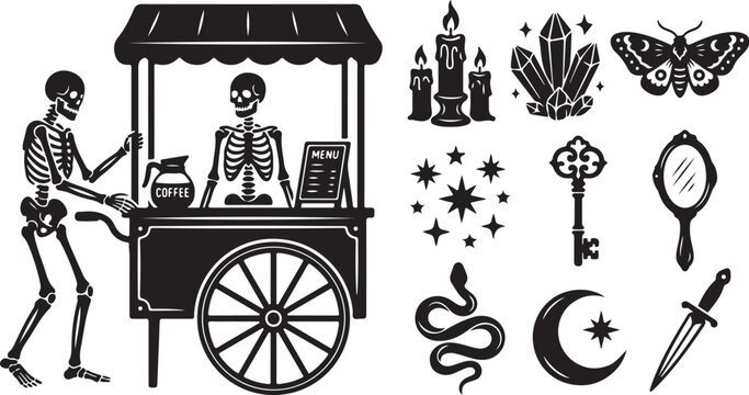 Skeletons Running a Cart with Magical Items Displayed