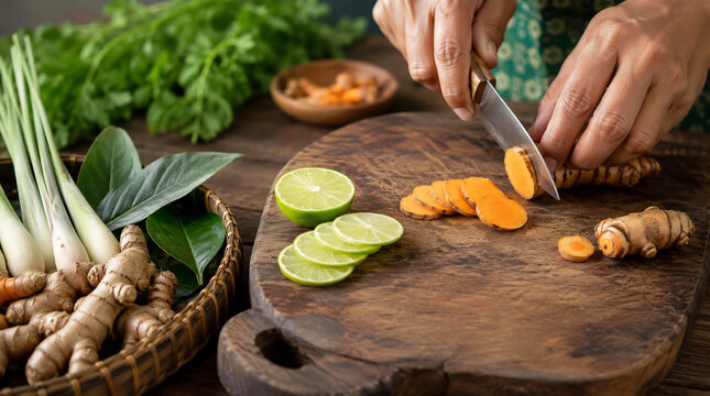 close-up hands slicing lime and turmeric for homemade jamu on old cutting board
