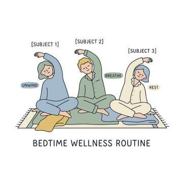 Bedtime wellness routine concept illustration with group of people doing yoga breathing and stretching exercises.