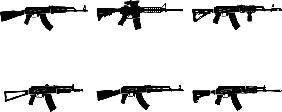 Assault Rifle Weapon Silhouette Icon Set with Automatic Gun Models for Military Tactical Combat and Action Gaming Graphic Designs