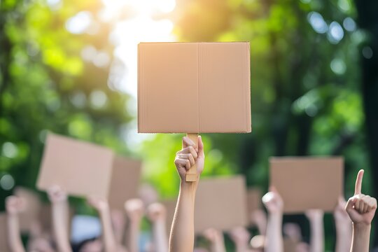 Protest signs, cardboard placards, raised hands in a demonstration or rally, blurred background