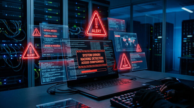 System error hacking alert laptop warning icon cyber attack data breach compromised access security breach server room red alert