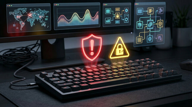 Unauthorized access alert security warning cyber security data breach keyboard computer monitor network digital interface glowing icon red shield yellow warning hack access control system
