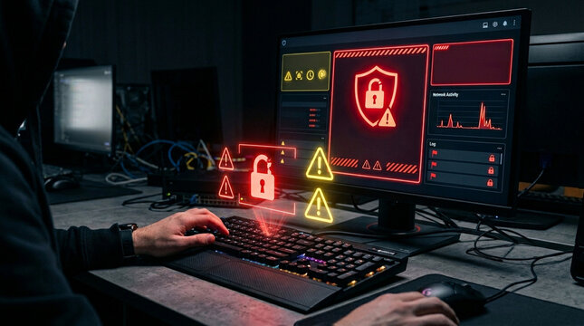 Unauthorized access alert cyber security warning icon lock icon computer screen hacker attack network activity data breach digital threat control room unauthorized access alert visualization
