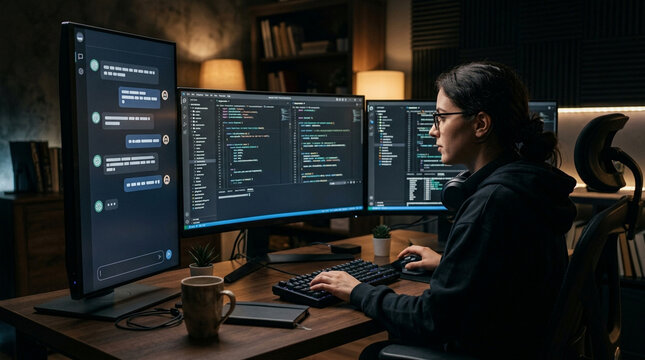 Young programmer coding with chat interface on dark monitor in home office