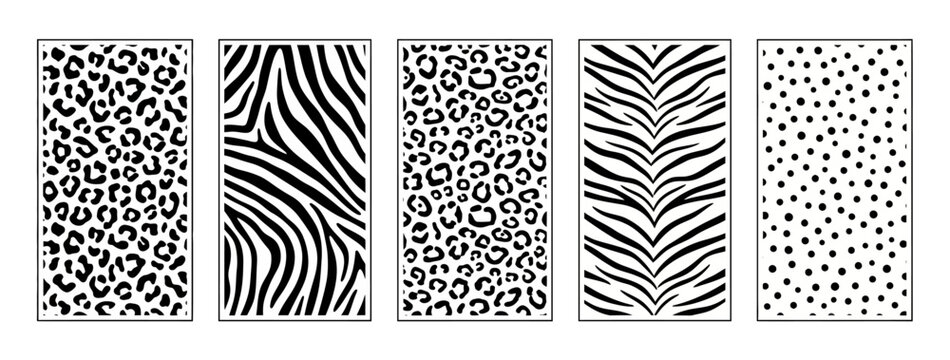 Five seamless animal print vector textures featuring black and white leopard cheetah zebra and polka dot patterns for wild backgrounds