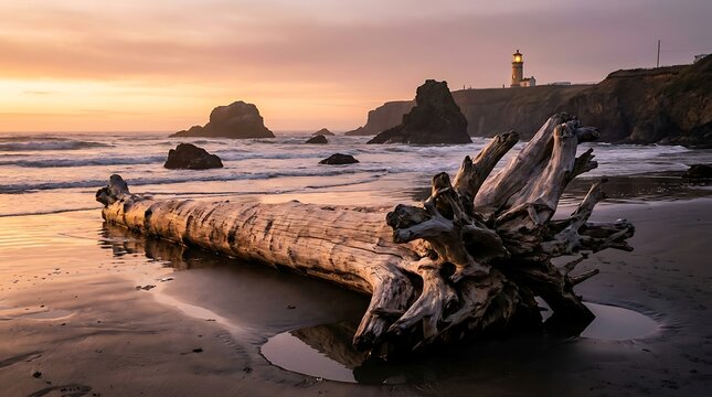 Driftwood on a sandy beach with a lighthouse in the background at sunset washed up golden hour driftwood lighthouse outdoors