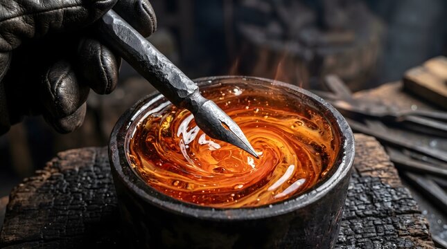 Hand in heavy glove dipping a forged metal calligraphy pen into a bowl of glowing molten liquid in a traditional blacksmith workshop