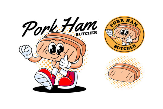 Pork ham sliced retro cartoon mascot illustration with walking and thumb up pose for butcher merchandise. Funny pork meat character logo for menu and packaging restaurant