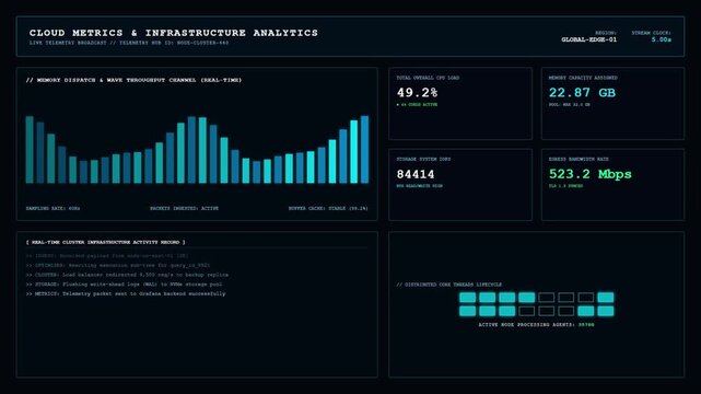 Cloud Metrics and Infrastructure Analytics Dashboard Displaying Wave Throughput Channel and Distributed Core Threads Lifecycle Activity Record.