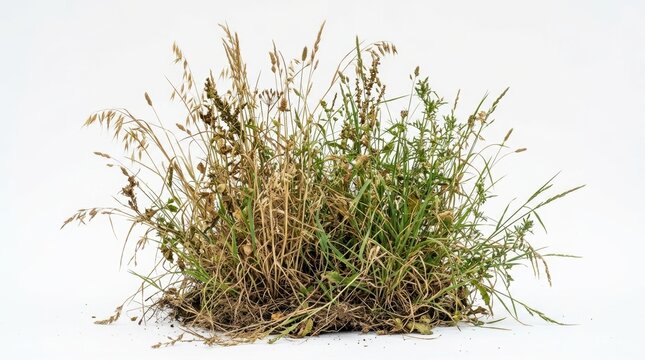 Wild grass tuft with roots on white background, organic meadow weeds and field greenery, botanical specimen of dry and green prairie grass