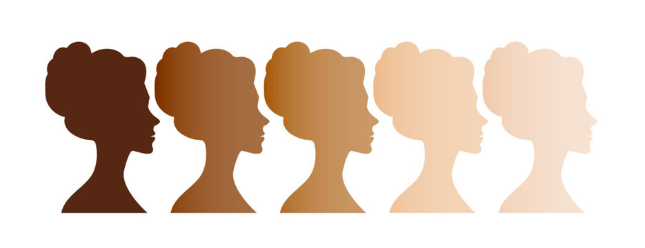 papercut style female head in various skin color shades