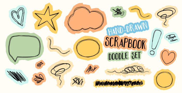 hand drawn colorful torn paper scrapbook doodle elements in collection