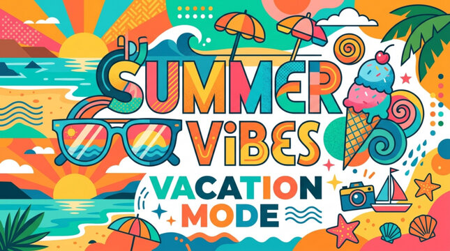 Bright summer vibes typography with sunglasses ice cream and beach elements in vibrant colors for holiday season