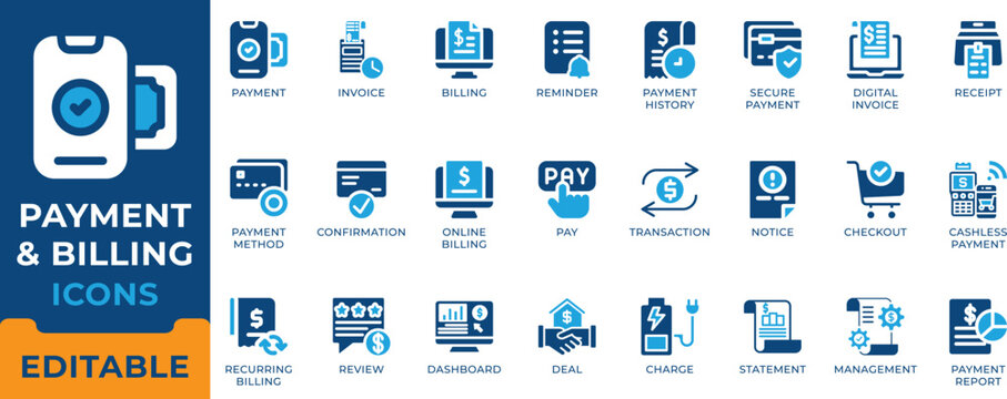 Payment and billing icon set featuring digital invoice, online transaction, secure checkout, mobile financial reminder, recurring billing statement, and receipt management symbols.