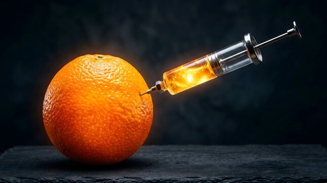 Syringe filled with glowing orange liquid being injected into a fresh ripe orange on a dark stone surface, symbolizing genetic modification, food science, and vitamin enhancement.