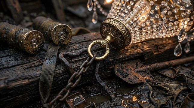 Ornate crystal chandelier lying in dark mud and debris next to spent large-caliber shell casings and a dirty shovel on weathered wooden planks, conceptual image of conflict and destruction