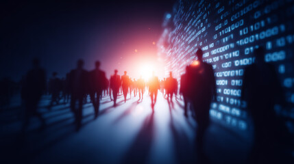 Naklejka premium Silhouetted people walking beside a wall of digital code, symbolizing data society, cybersecurity and technological transformation. 