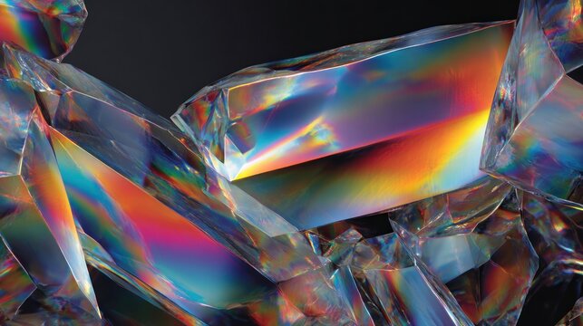Abstract illustration of iridescent crystal structures against a dark background