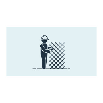 Construction worker building a chain link fence icon with construction, building