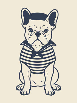 French bulldog wearing a navy and white striped sailor shirt with a dark blue collar and knot animal