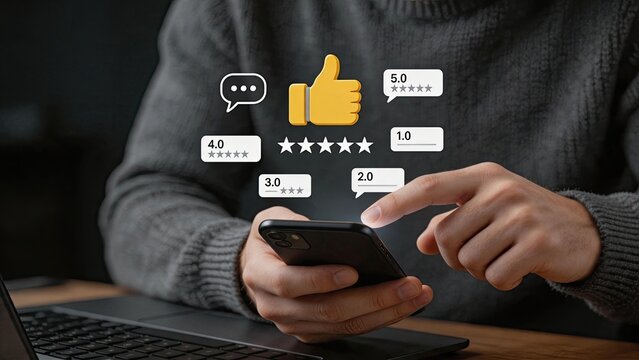 Customer review rating feedback stars mobile app interface concept, person touching screen with floating thumbs up speech bubble score evaluation from one to five stars