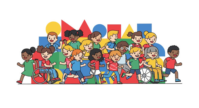 Diverse children in colorful outfits.