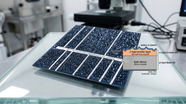 Close-up of a monocrystalline silicon solar cell wafer in a laboratory showing silver contact fingers and a technical diagram of n-type emitter and p-type p-base semiconductor layers.