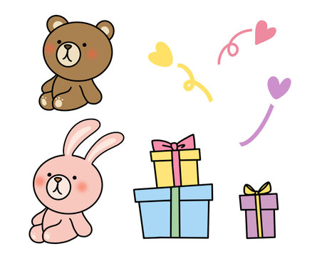 teddy bear and rabbit with gifts
