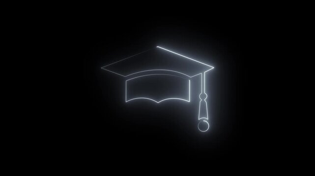 Neon glowing white color graduation cap icon animation on black background. Graduation hat with tassel icon. 