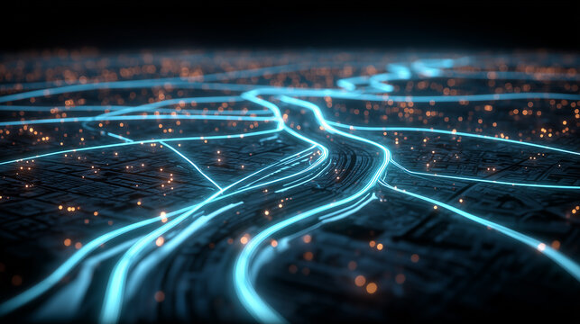 A digital road network glowing across a city map, symbolizing smart transportation, urban planning and connected mobility.
