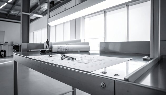 Grayscale image of an industrial metal workstation with architectural blueprints, technical drafting compass, and rolled floor plans under bright studio overhead lighting.