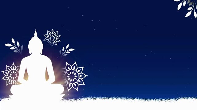 Buddha statue silhouette sitting in a field under a starry night sky with mandala patterns.
