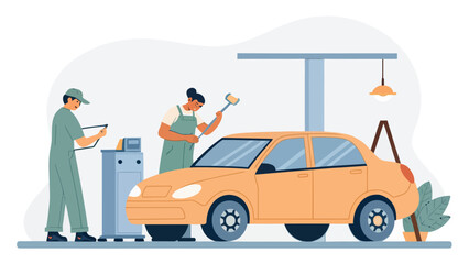 Naklejka premium Two mechanics working on a car in a workshop one checking a clipboard auto repair automotive service manual labor mechanic workshop automobile maintenance mechanics profession technician