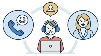 Fototapeta premium Customer service representative with headset and laptop connecting with customer via phone call center help desk online support contact center flat design representative computer customer