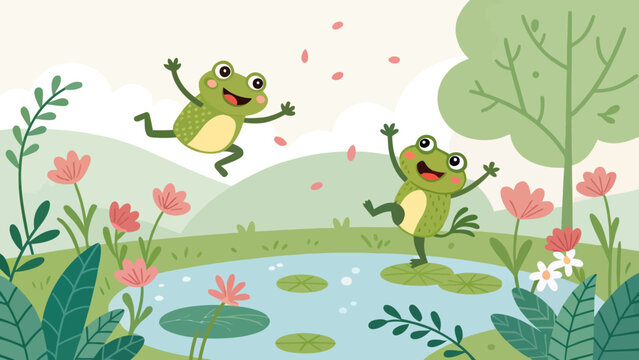 Two happy cartoon frogs dancing in a pond surrounded by flowers with flat design lily pads amphibians wildlife illustration background outdoors children whimsical creature environment