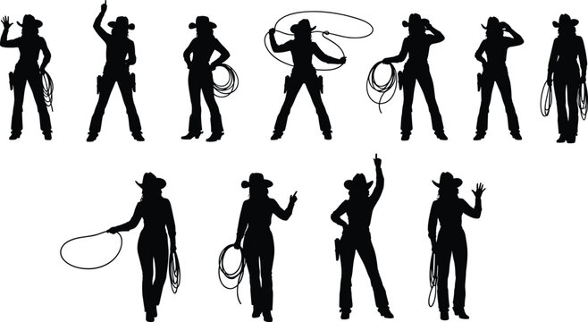 Cowgirl silhouettes vector illustration, Western posture icon design, lasso gesture symbol artwork, rodeo culture concept background set
