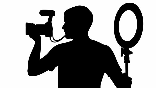 Black silhouette of a man filming content with a camera and ring light