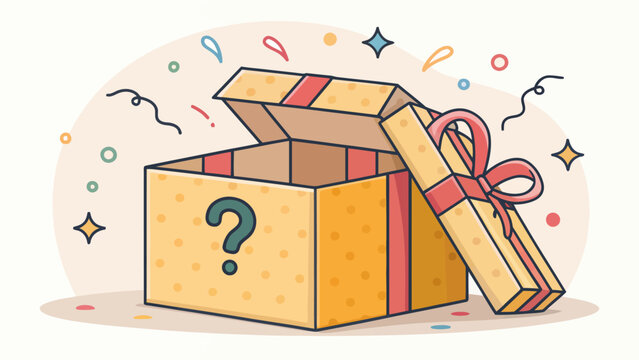 Open gift box with question mark and confetti concept of surprise or mystery gift giveaway prize lucky dip cardboard box flat design vector art surprise element surprise confetti celebration