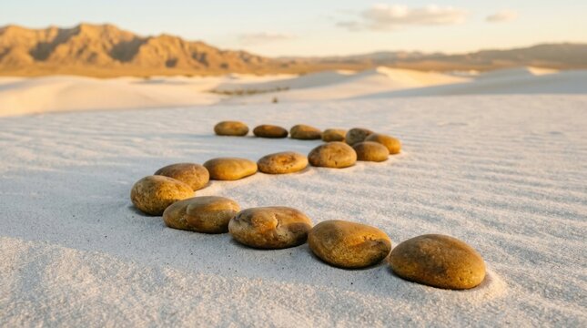 Row of smooth golden-brown river stones arranged in a winding S-shaped path on white desert sand dunes with distant mountain ranges and horizon visible under a soft sunset sky.