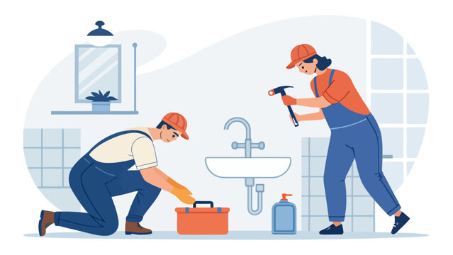 Two plumbers working together in a bathroom to fix a sink with tools and equipment