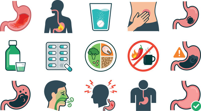 Acid Reflux and Digestive Health Vector Collection with Stomach Pain, Heartburn Symptoms, Medication, Healthy Diet, and Gastrointestinal Care Icons